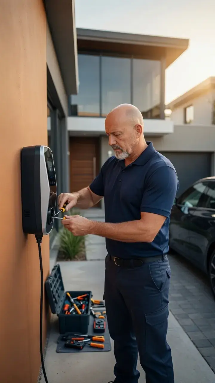Electrician installing and testing a wall-mounted EV charger at a home driveway