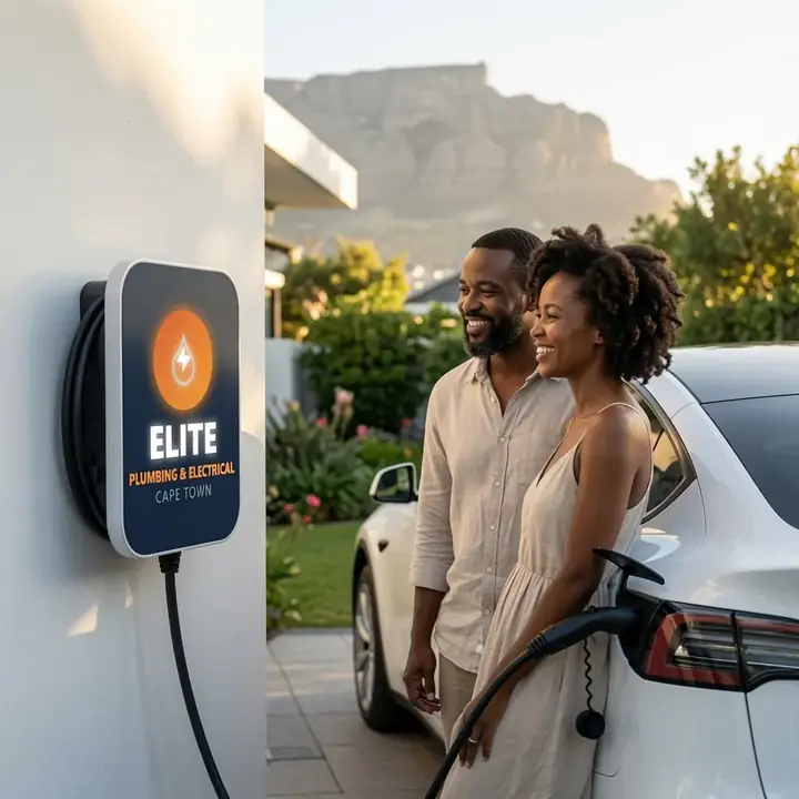 Home EV charger installed on an outside wall in Cape Town, with a couple charging their electric car below Table Mountain