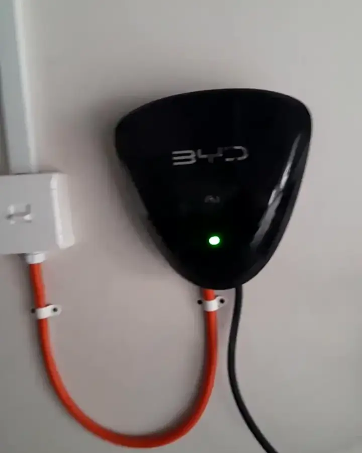 Wall-mounted EV charger with protected orange cabling in a home garage